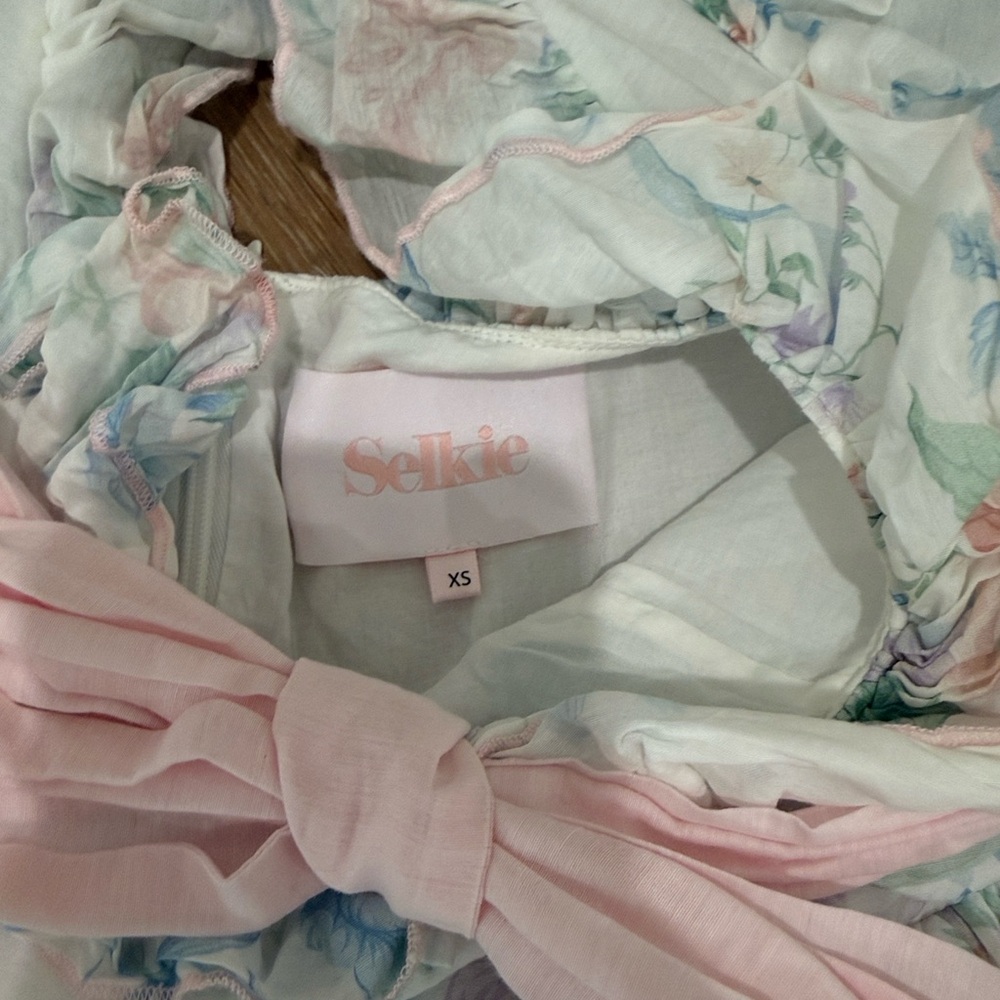 Selkie Pastel Floral Ruffle Dress with Pink Waist Tie - Picture 2 of 4